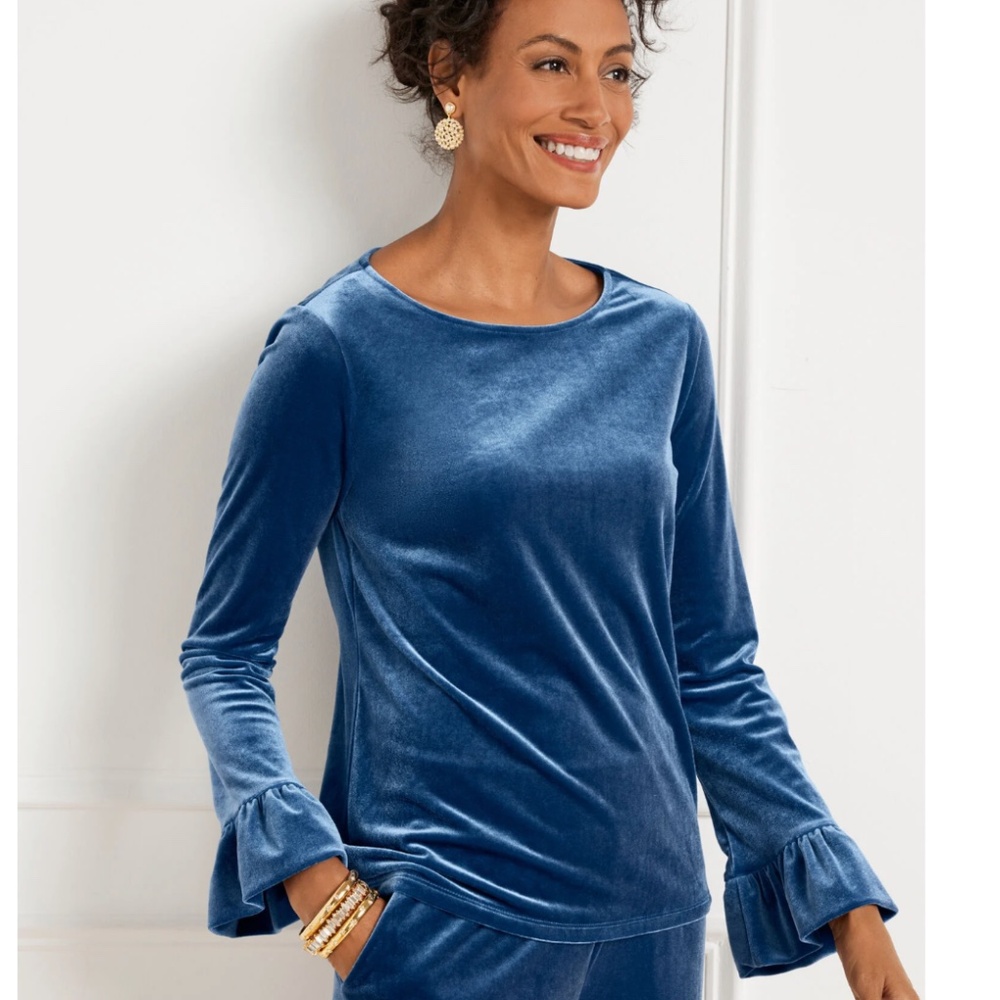 NWT Talbots Blue Ruffle Sleeve Back Bow Velvet Top / Blouse Size XL